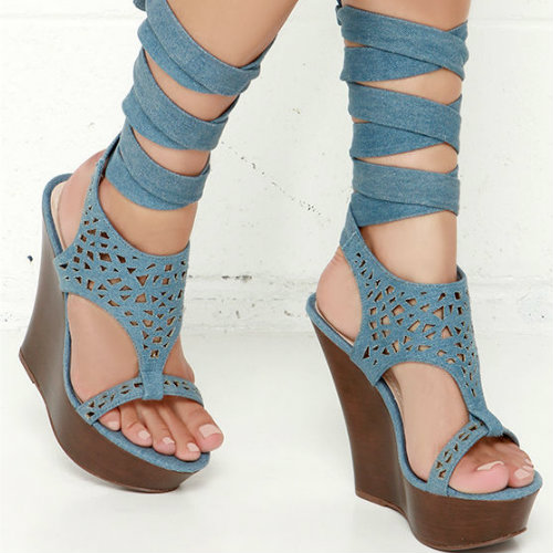 Denim Leg Wrap Wedges