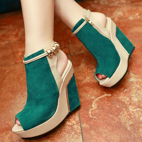 Zipper Metal Suede Wedge Sandals