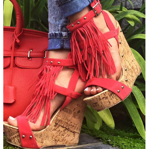 Fringe T Strap Cork Wedges