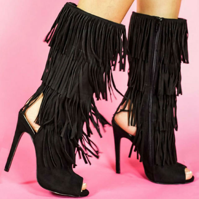 Black Boho Fringe Stiletto Boots Boho Fringe Stiletto Boots