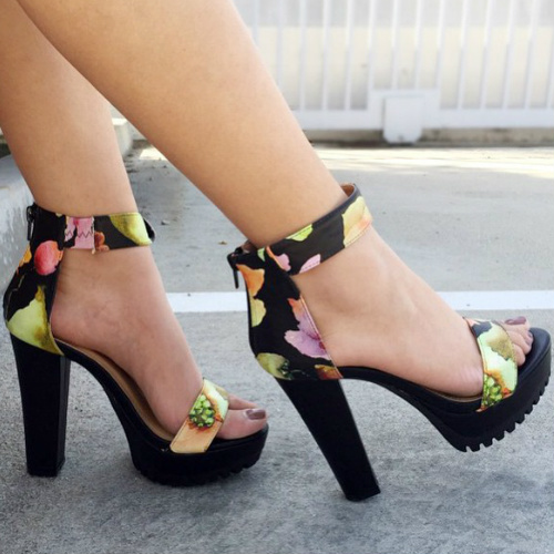 Floral Ankle Strap Platform Heels