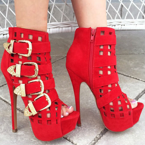 Peep Toe Side Buckle Bootie Heels