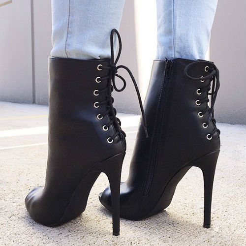 Black Leather Lace-Back Corset Booties