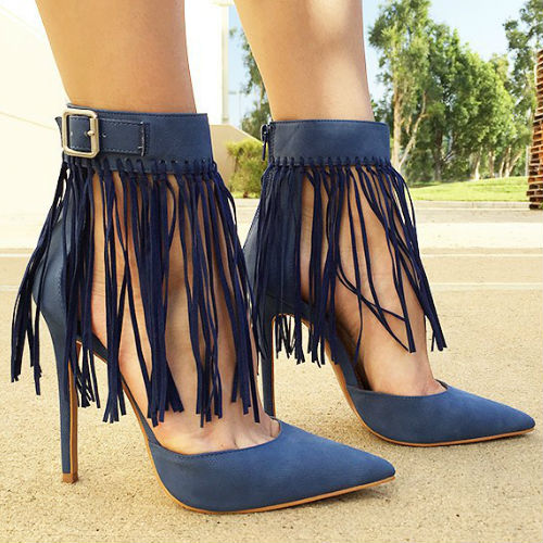 Fringe Faux Nubuck Pointed Toe Heels