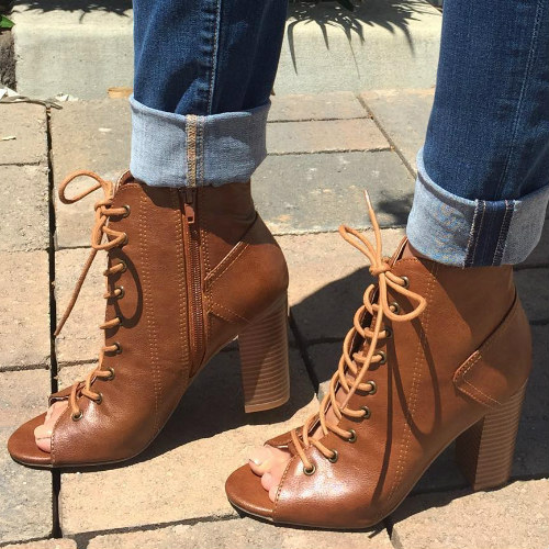Faux Leather Chunky Lace Up Booties Faux Leather Chunky Lace Up Booties