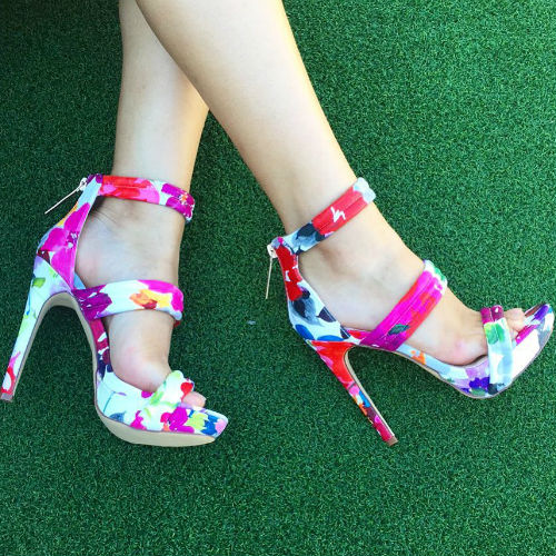 Floral Print Stitched Platform Heels