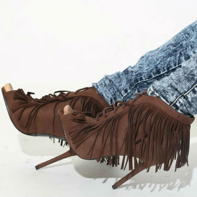 Lace up Fringe Open Toe Booties