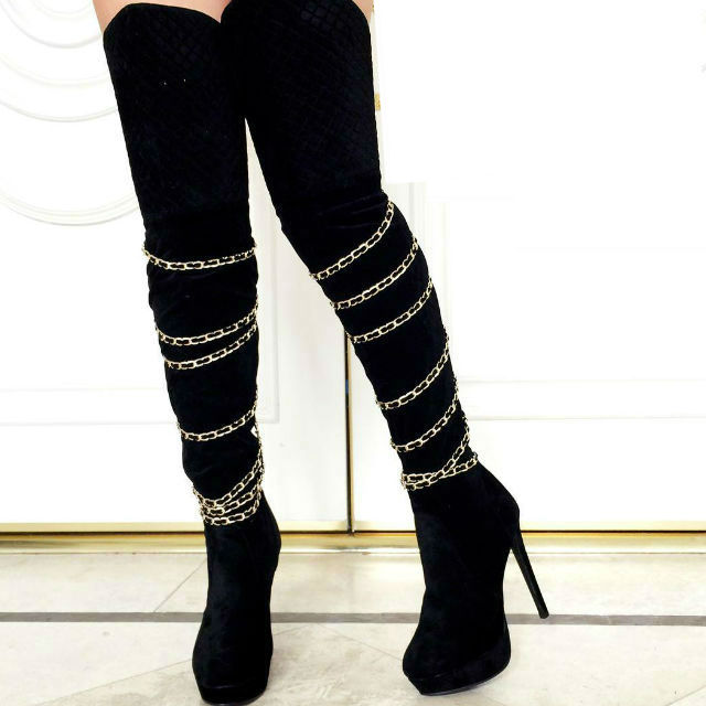 Strappy Chain Thigh High Heel Boots