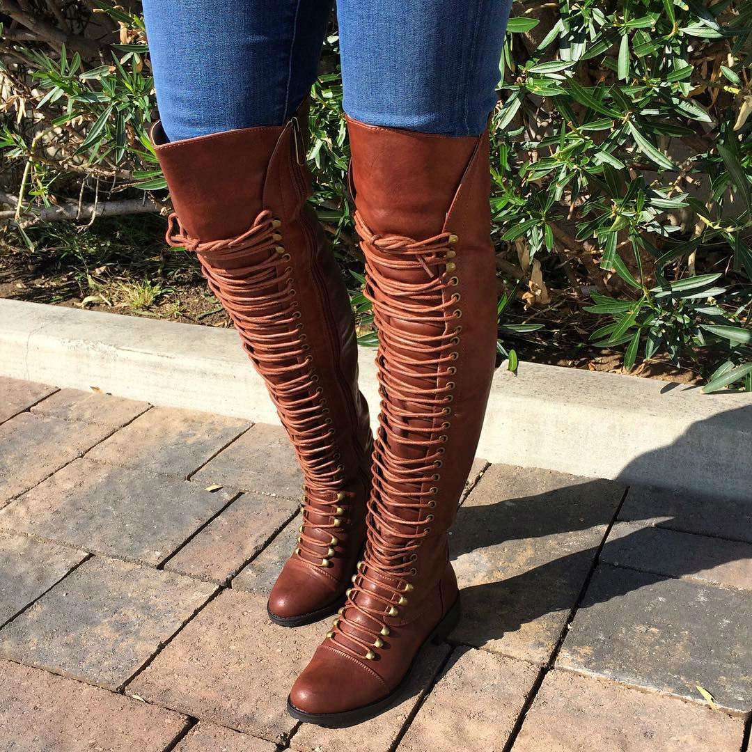 Brown Thigh High Combat Boots Travis 05